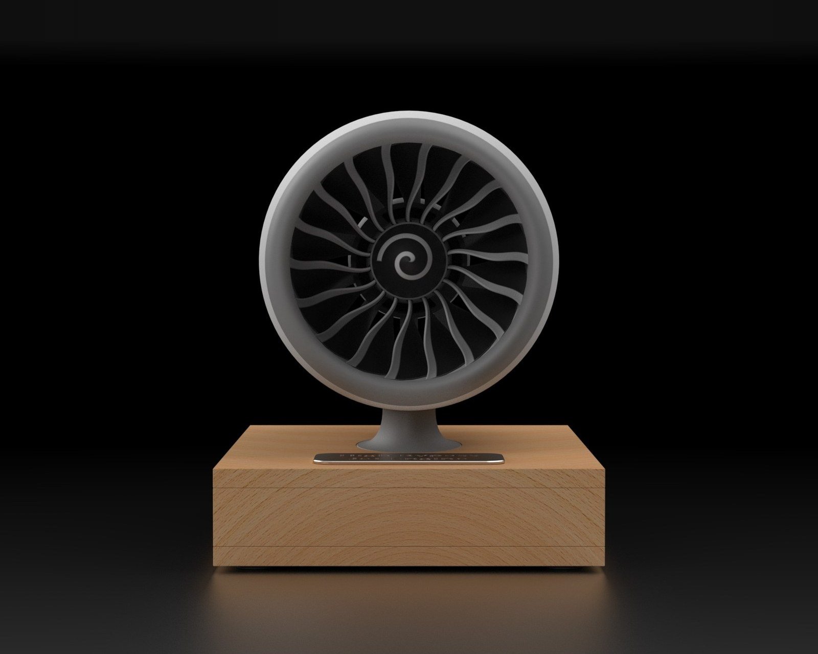 Head-on render of the engine, showing the fan blades curving around the spiral spinner.