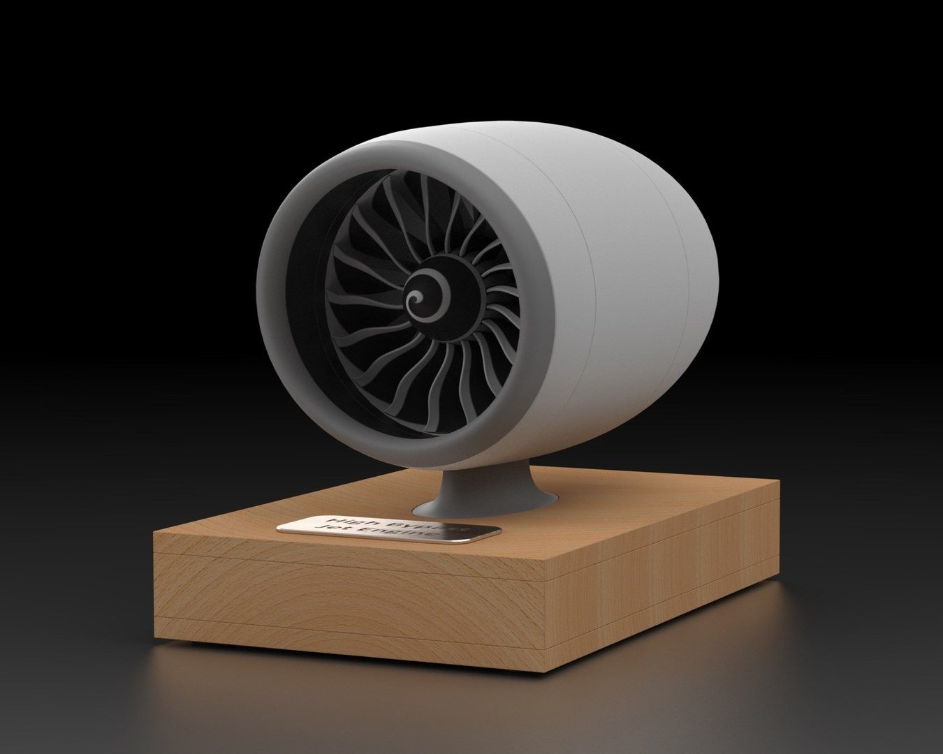 Render of the 3D printed jet engine on its wooden base