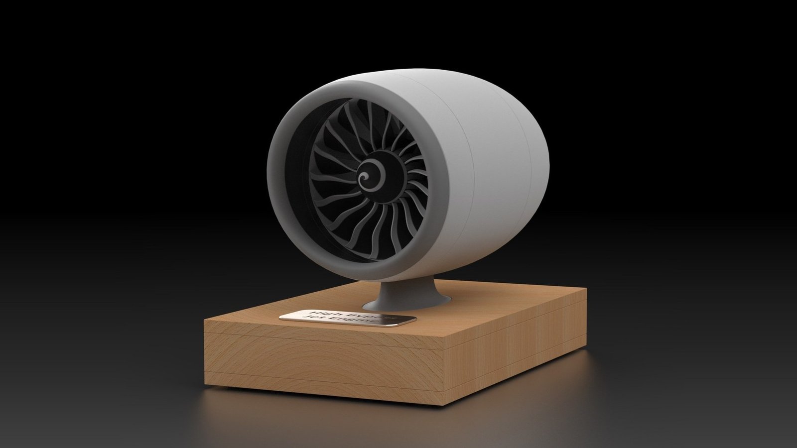 Render of the jet engine model from the front three-quarters: a white nacelle around a dark fan with a spiral spinner, on a wooden base with a plaque reading High Bypass Jet Engine.
