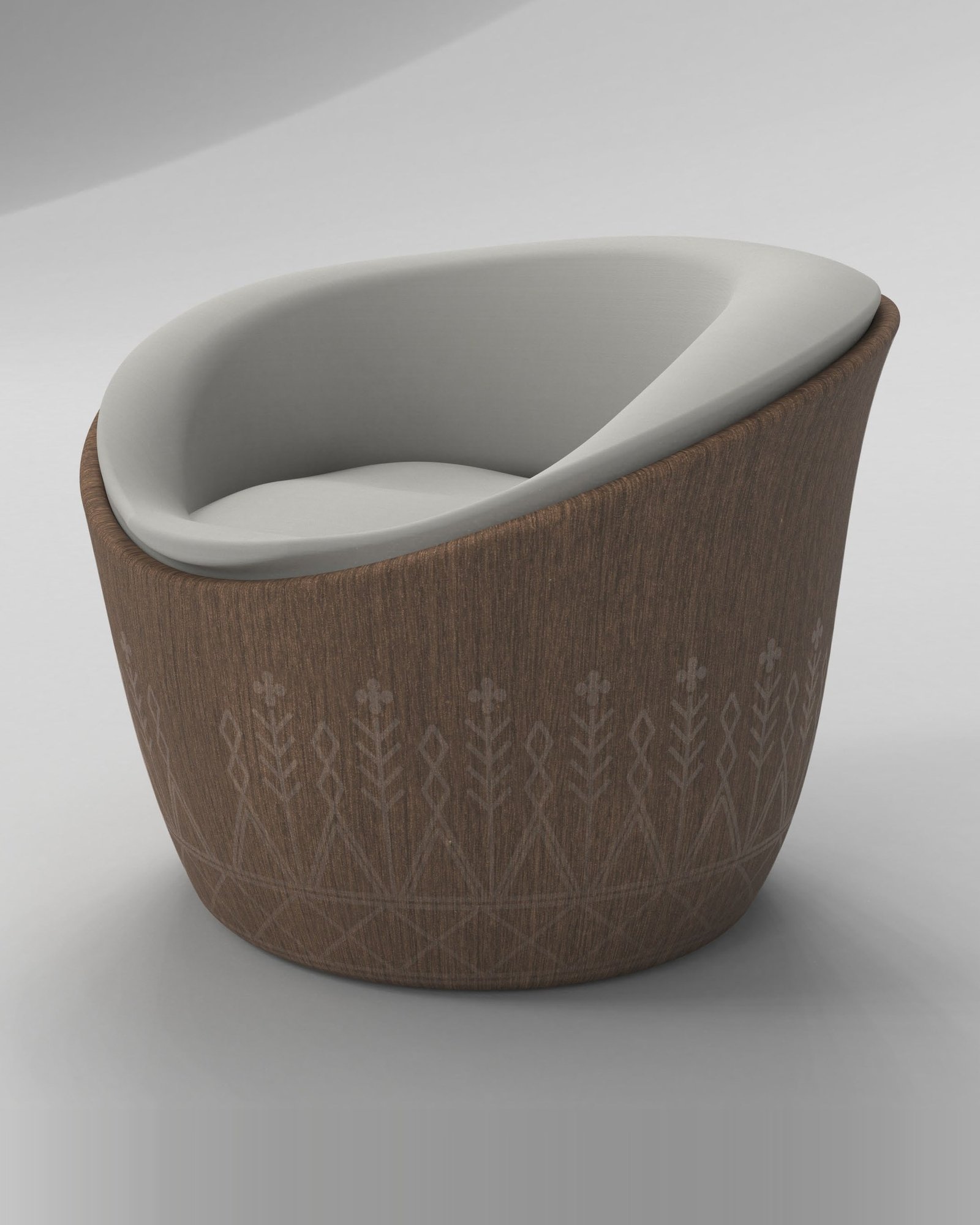 Render of the Al Deyafah Chair in three-quarter view on a grey studio backdrop: a tapered wooden shell with an engraved band and a pale upholstered seat.