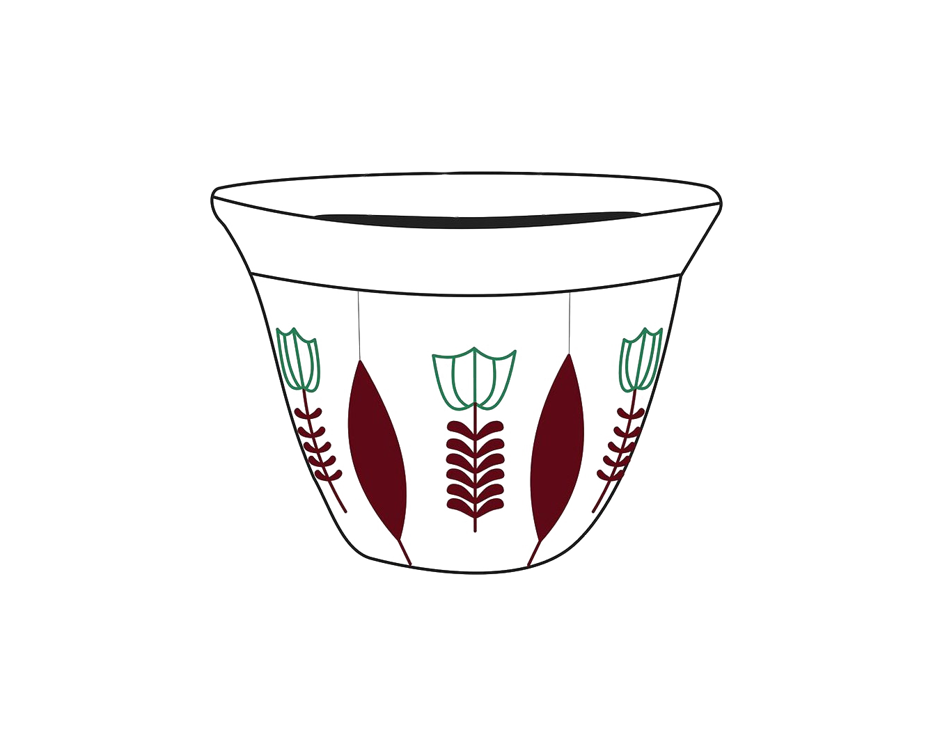 The team's illustration of a decorated finjan, with green and maroon leaf and branch motifs.