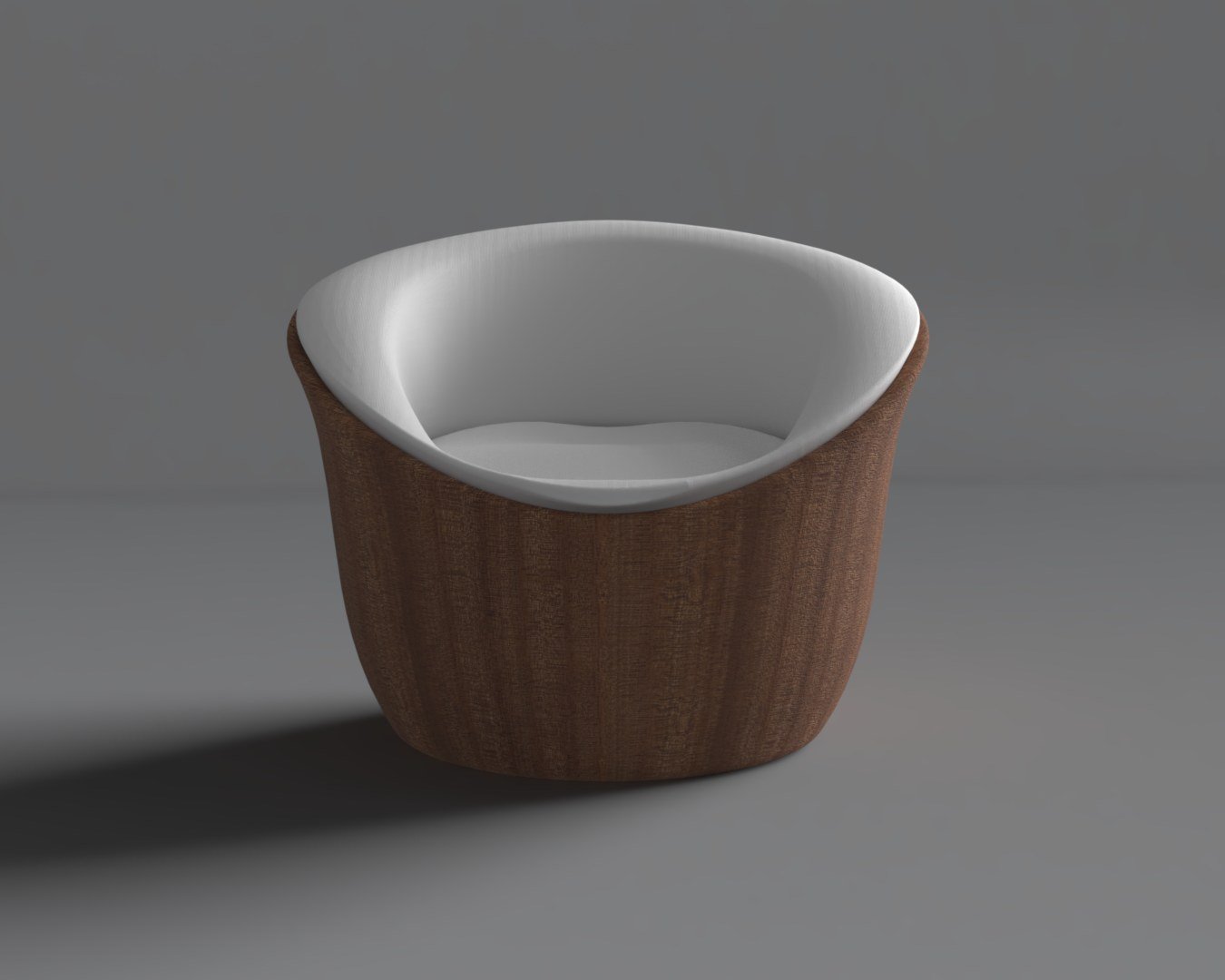 Front render of the chair: the tapered wooden shell flares out at the rim like a finjan, with the white seat set inside.