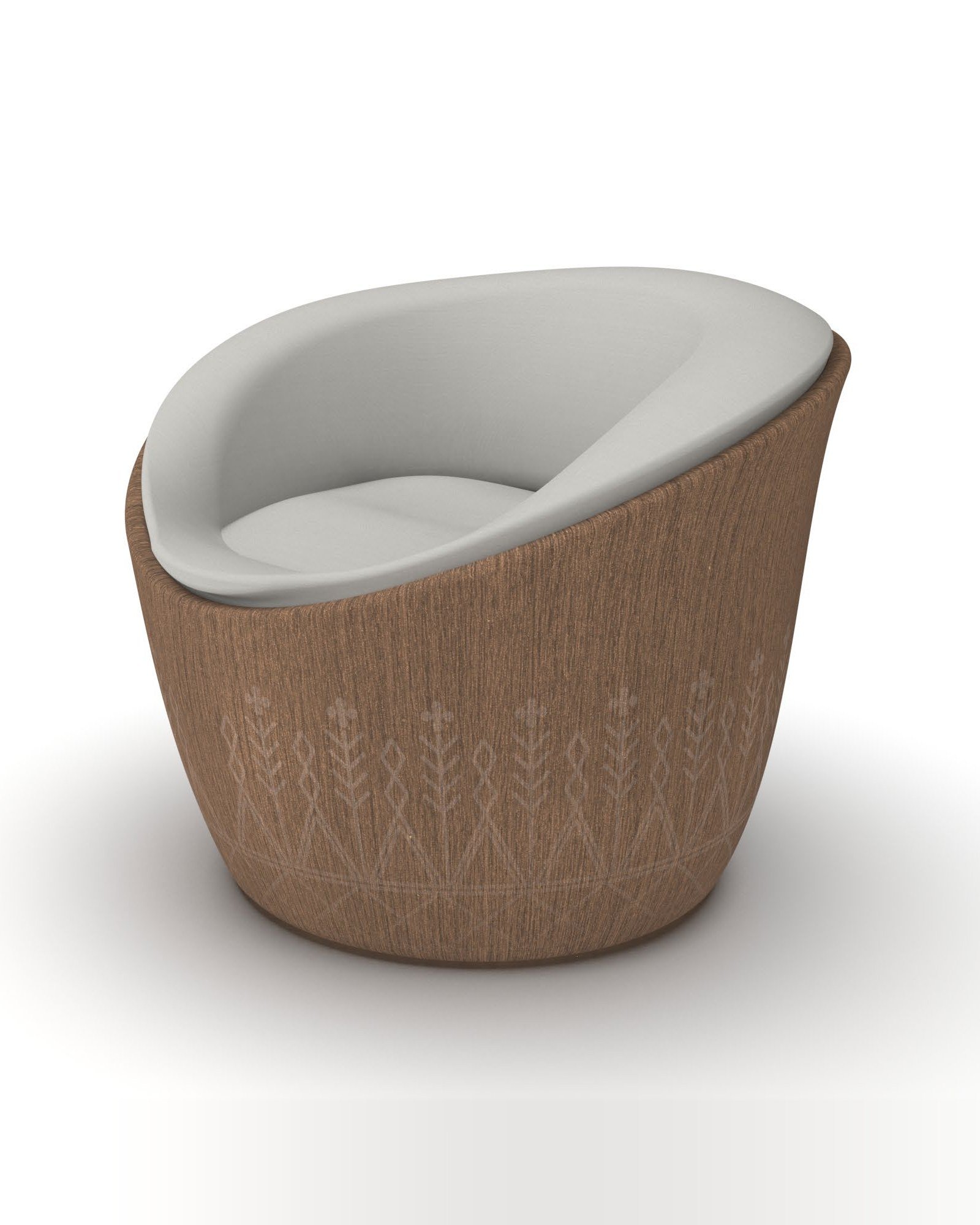Render of the chair in three-quarter view on a white background, showing the wood shell and the pale upholstered seat.