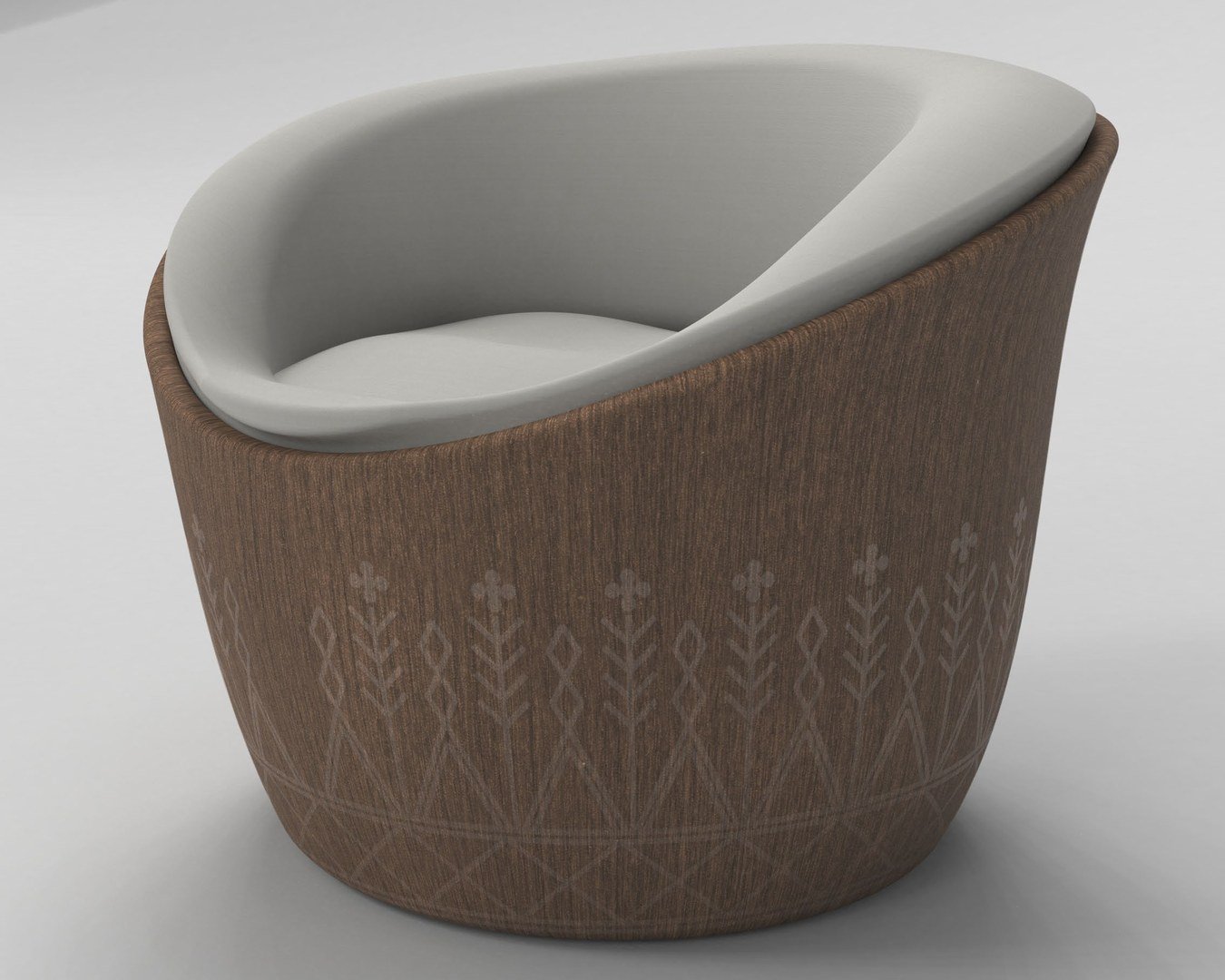 Render of the Al Deyafah Chair, a finjan-shaped lounge chair with an engraved wooden shell
