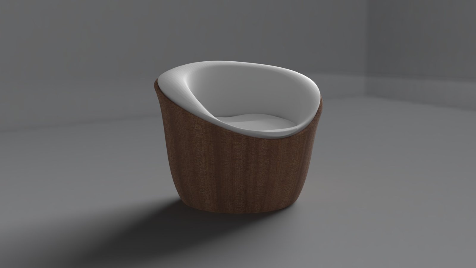 Render of the Al Deyafah Chair in three-quarter view on a grey studio floor: a tapered wooden shell holding a white upholstered seat.