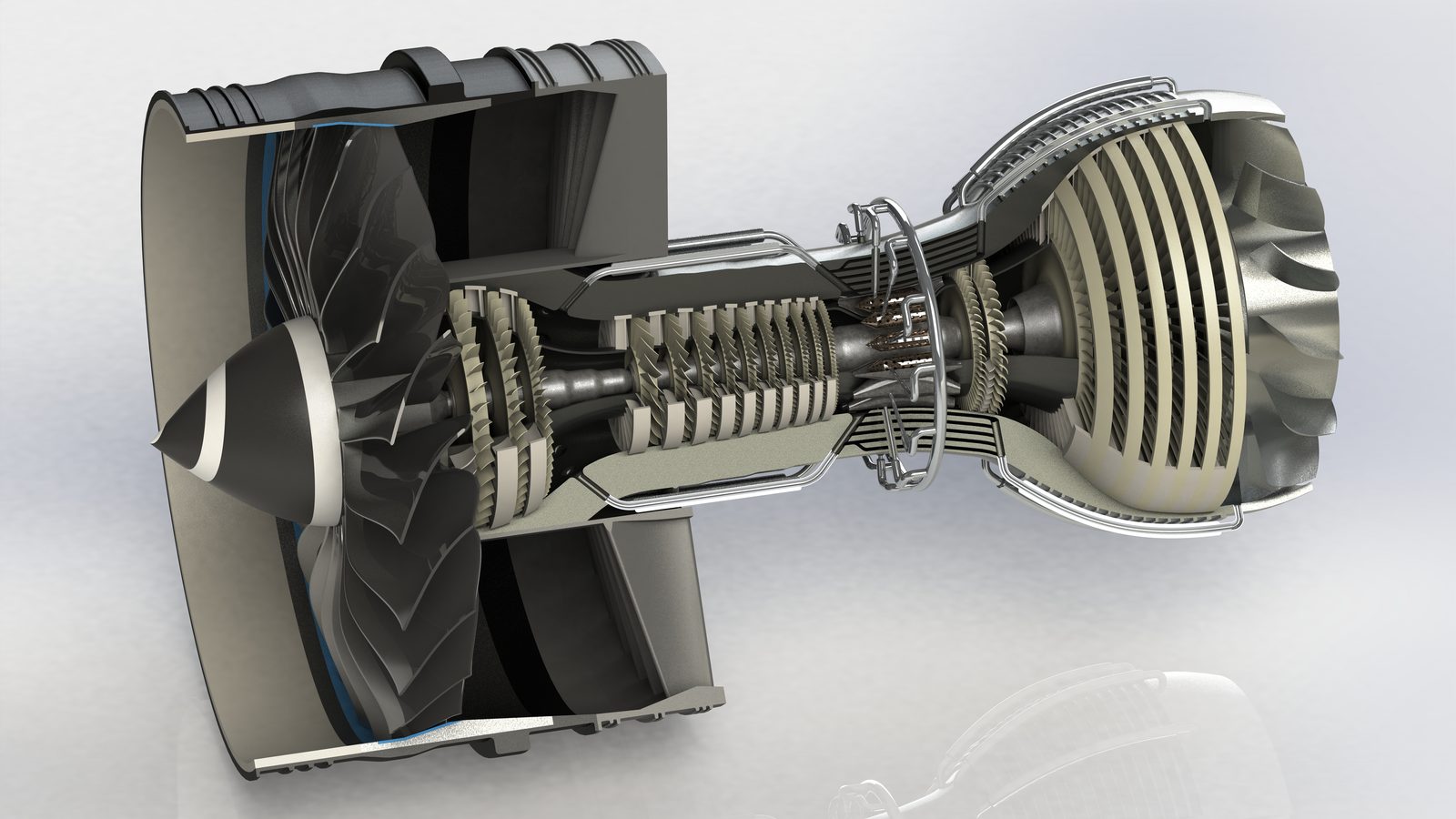 GEnx turbofan render, front three-quarter view with the fan facing forward.