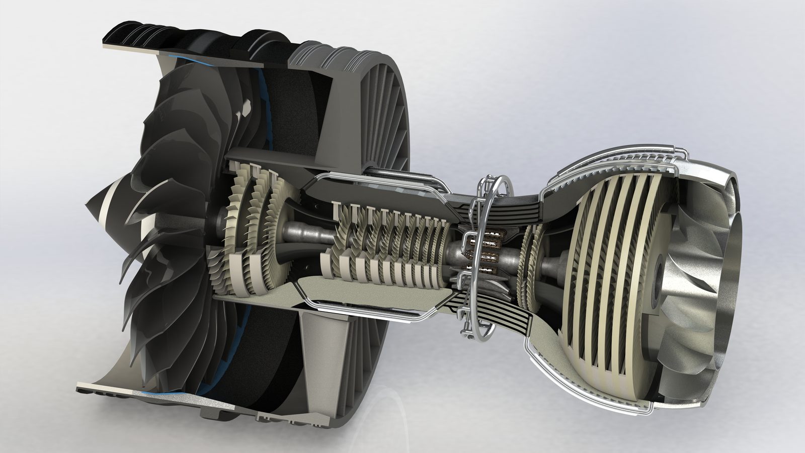 Cutaway of the GEnx turbofan showing the internal core: fan, compressors, and turbines.