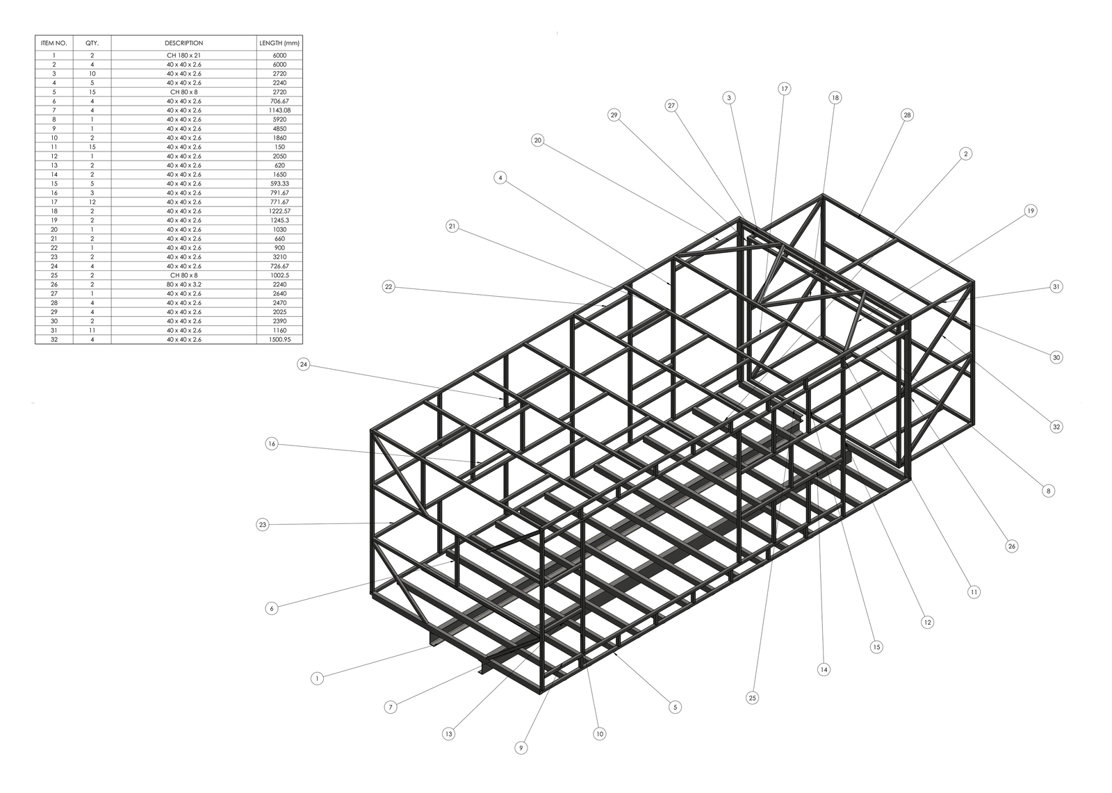 The frame structure drawing: an isometric view of the steel frame with numbered balloons, and a cut list of 32 items giving each section size and length.