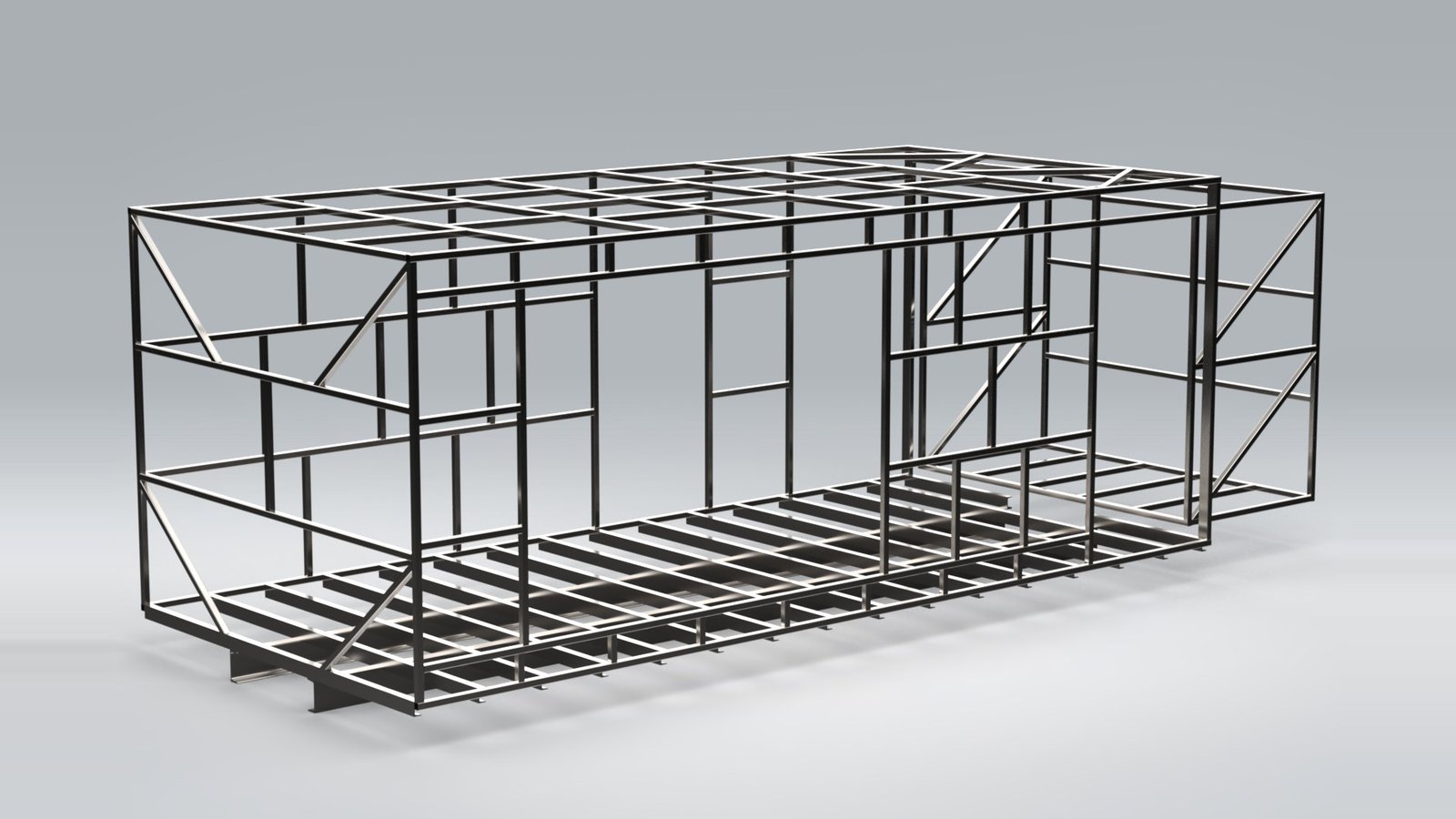 Render of the food truck's steel framework: a box frame of square tube with braced end walls, a slatted floor, and openings in the side walls.
