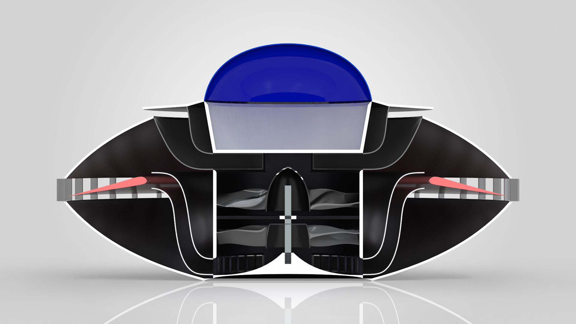 Front cross-section of the craft showing the full air path: ducts, counter-rotating fans, de-swirl cone and the two wings.