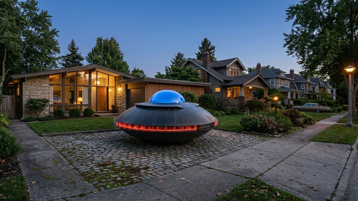 The craft parked on a suburban driveway, an AI-generated picture of the concept in a real setting.