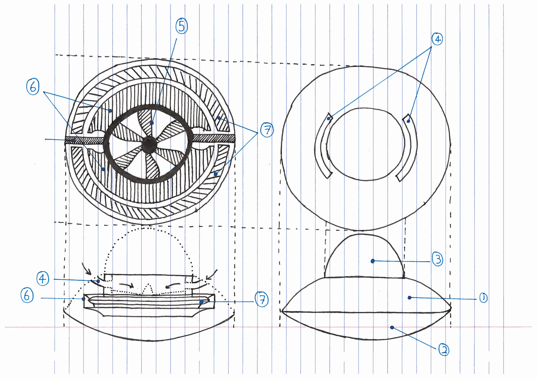 Original 2016 hand drawing: front, top and side views of the craft with parts one to seven numbered.