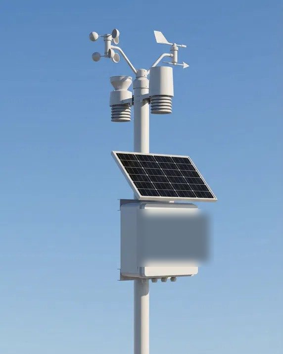CAD render of the soil-analytics sensor: a pole-mounted weather and soil station with anemometer, solar panel, and sealed enclosure.