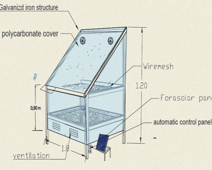 Annotated engineering drawing of the solar dryer, with dimensions and labelled components.