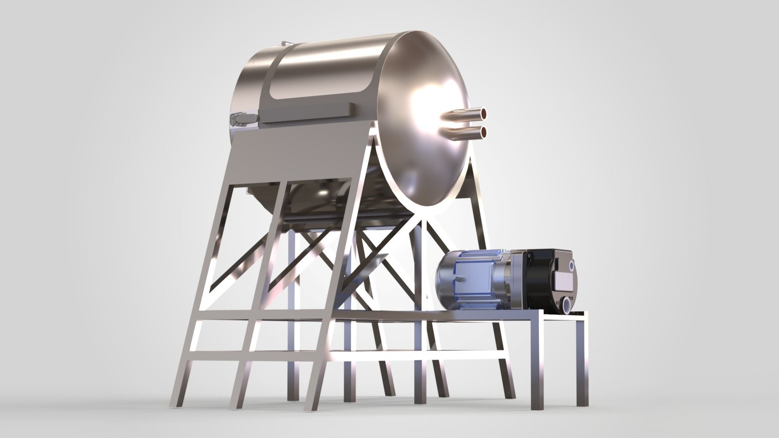 CAD render of the vacuum-dehydration rig: a horizontal vacuum vessel on a steel stand driven by a gearmotor.