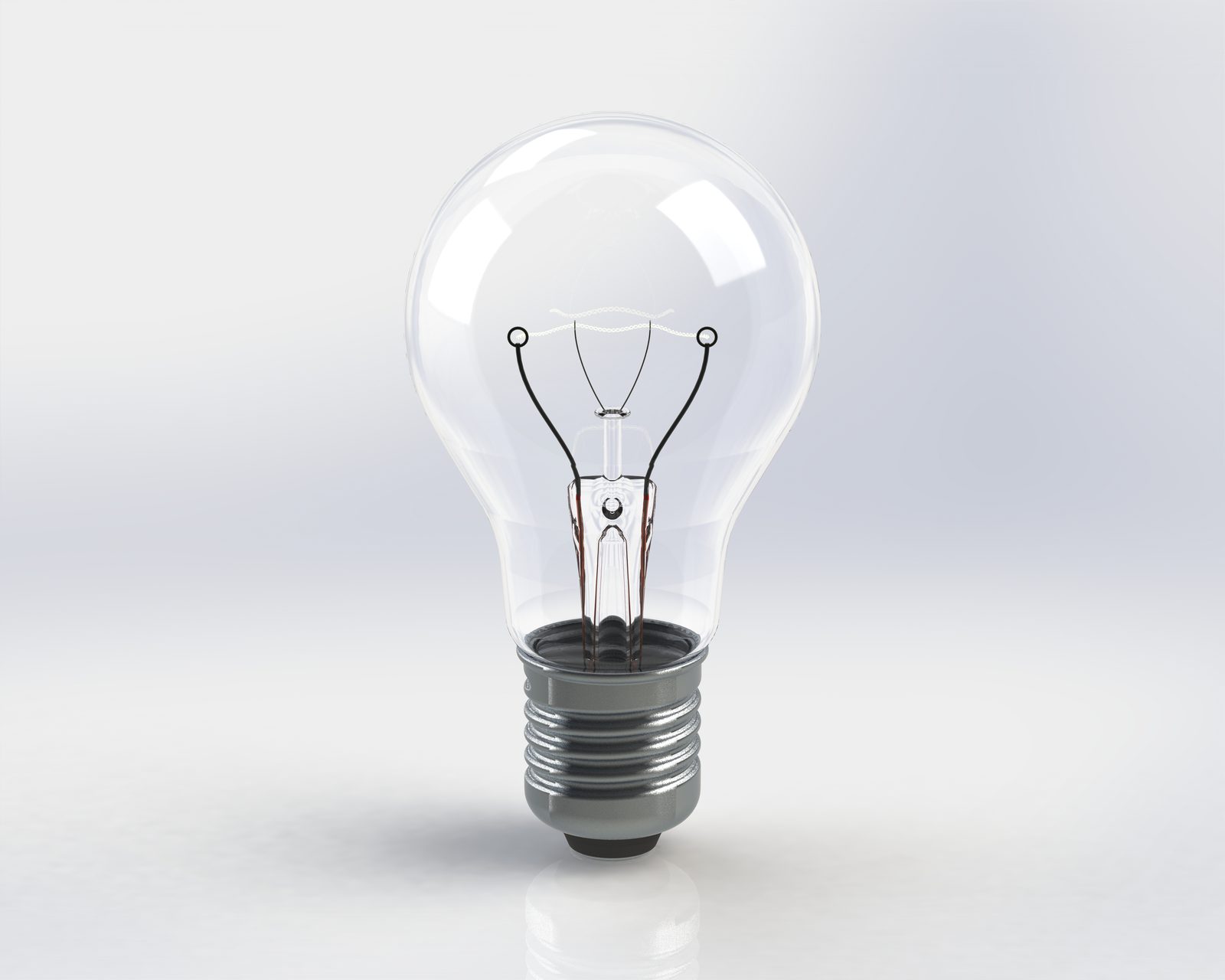 Finished light bulb render: glass envelope and glowing filament.