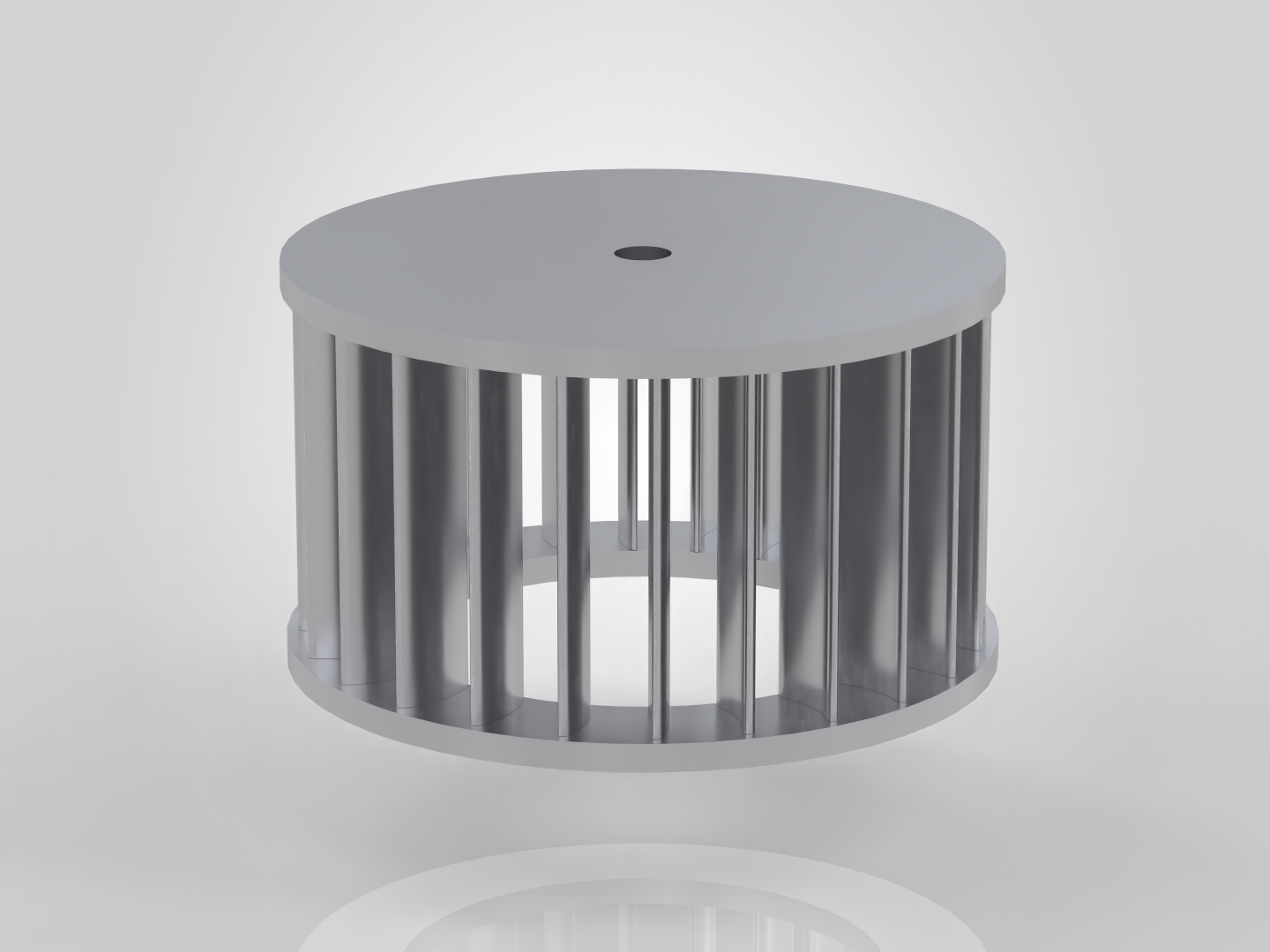 CAD render of the forward-curved centrifugal fan at the centre of the craft, which draws air up from below and throws it outward over the wing.