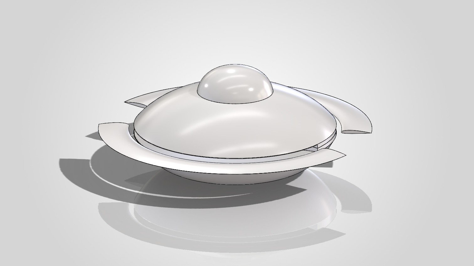 Early CAD render: a domed saucer body with a rounded top cap and short curved blades, no outer ring yet.