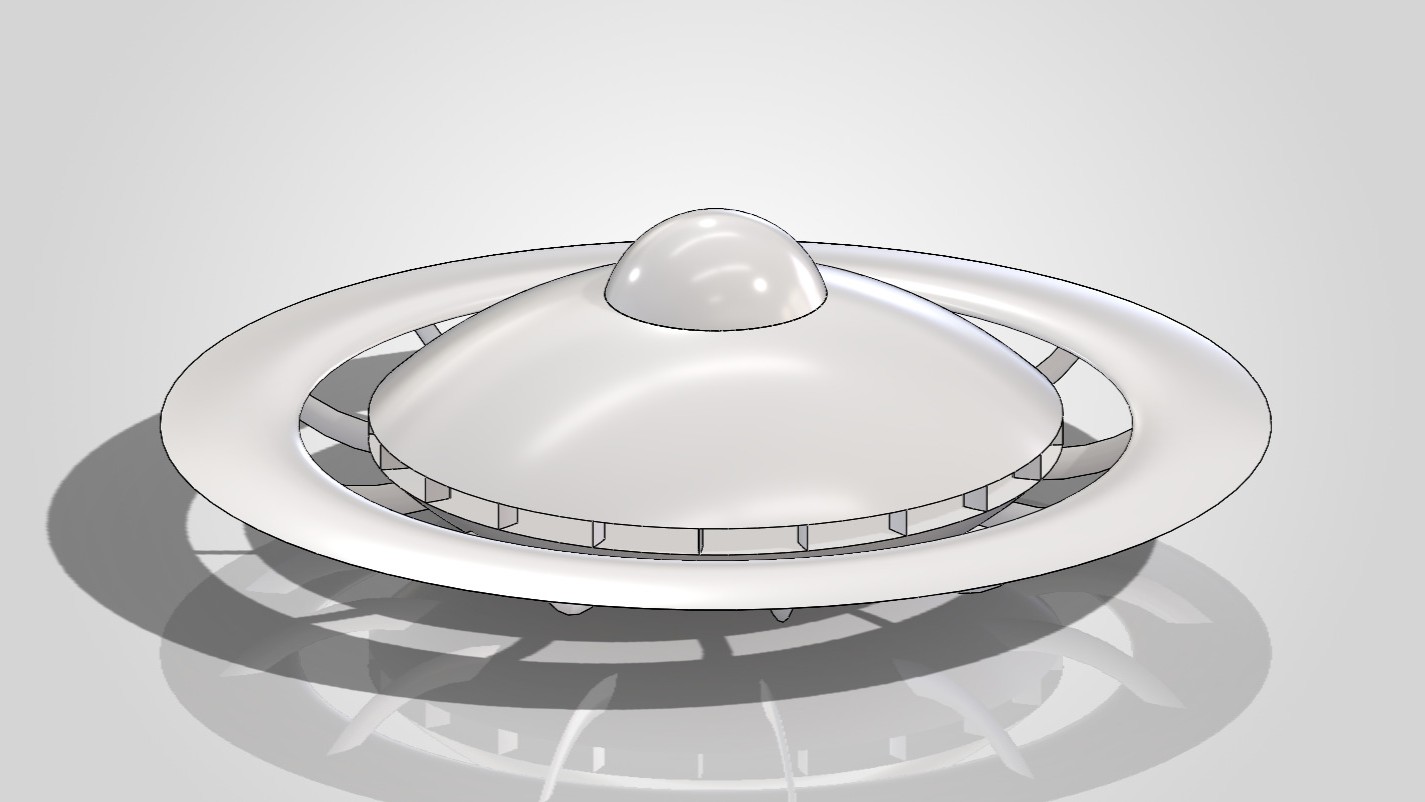 A side-on render of the ringed saucer with the domed top cap and ducted blades visible underneath.