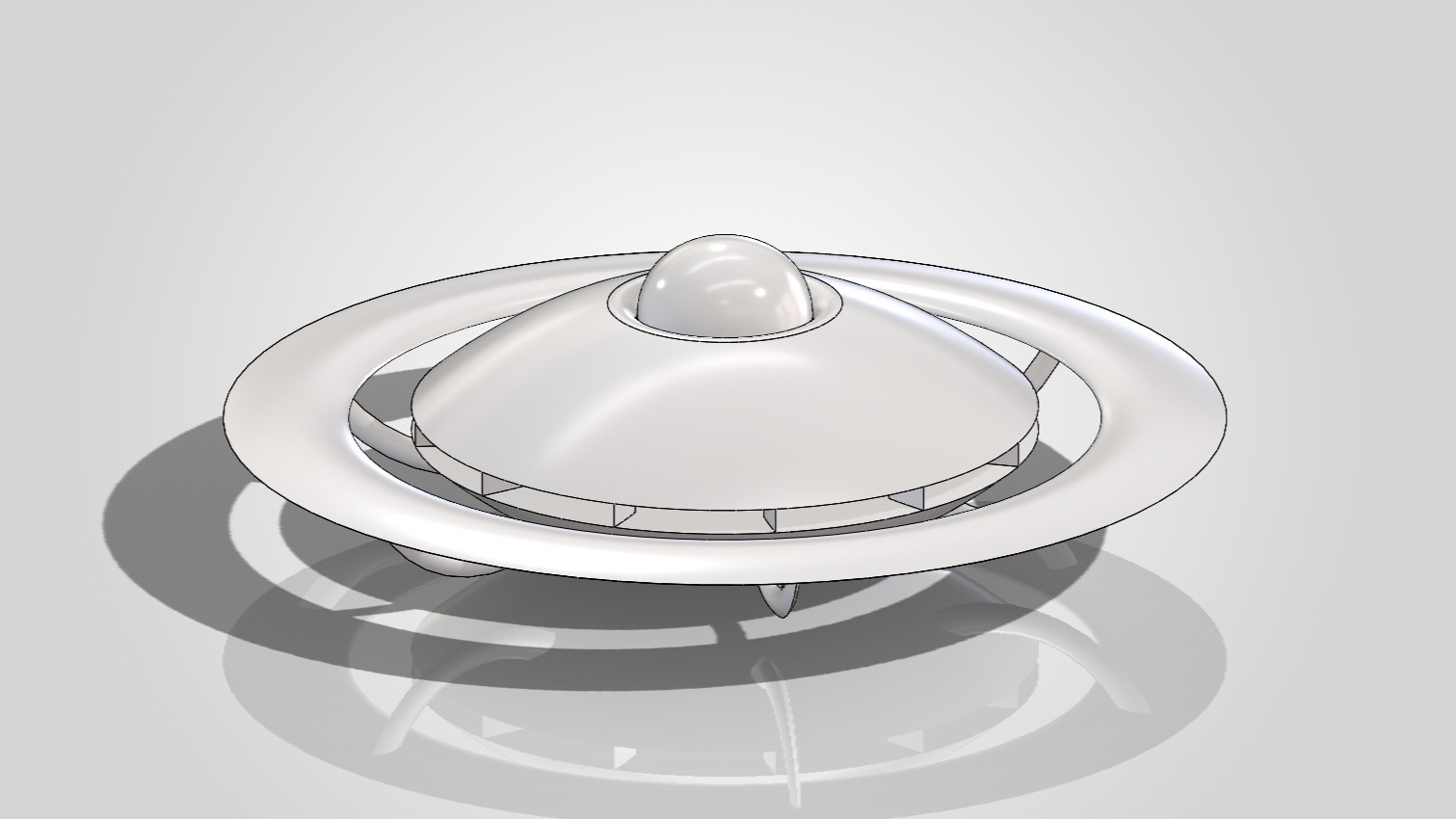 A low-angle render of the ringed saucer, showing the dome, the duct ring and the blade stage together.