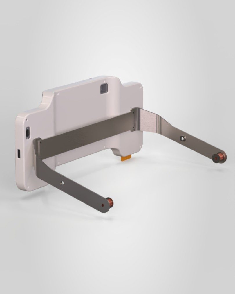 CAD assembly of the mounting bracket holding the device to the cart frame.